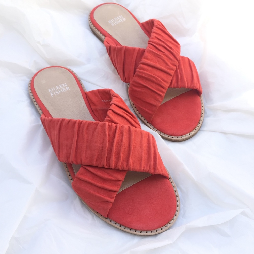 NWT Eileen Fisher Ruched Cross Slide Sandals Coral Red Size 6.5